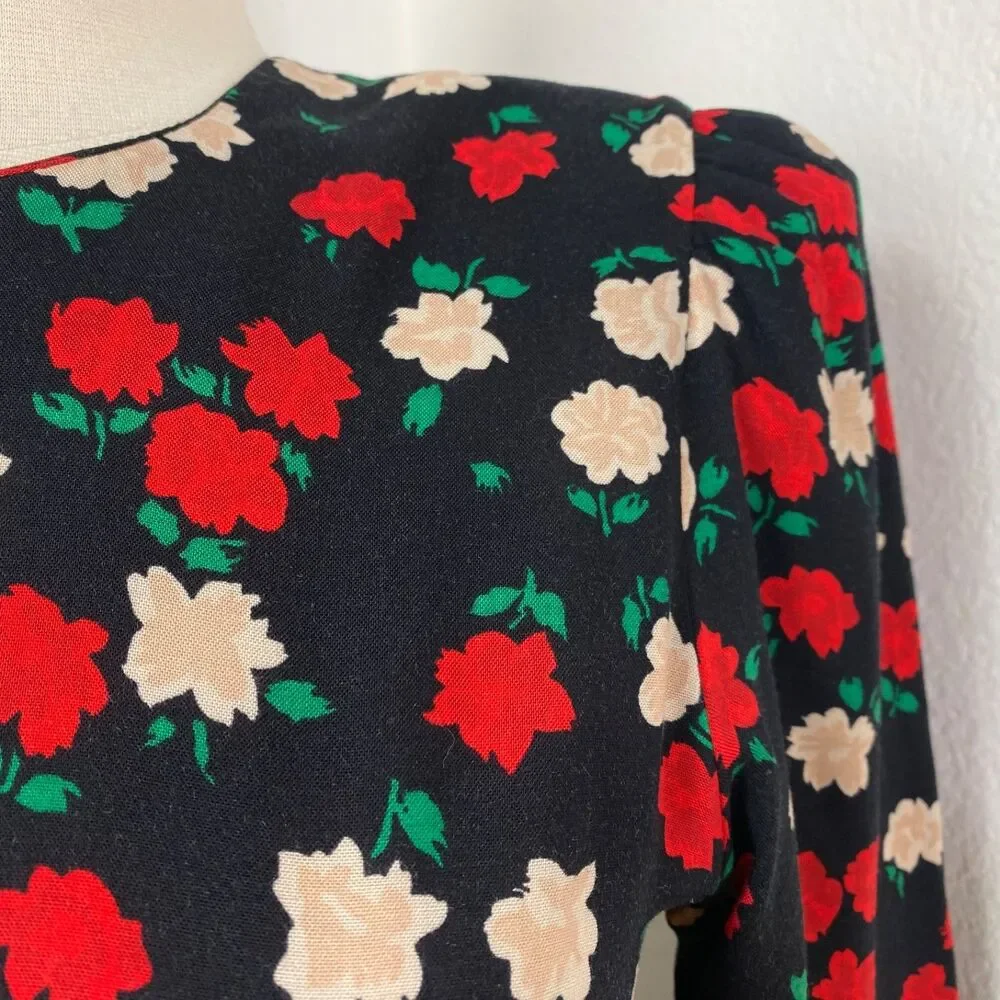 Vtg 80 Drop Waist Layered Skirt Floral Rayon Dress Small Long Sleeve Belt Modest